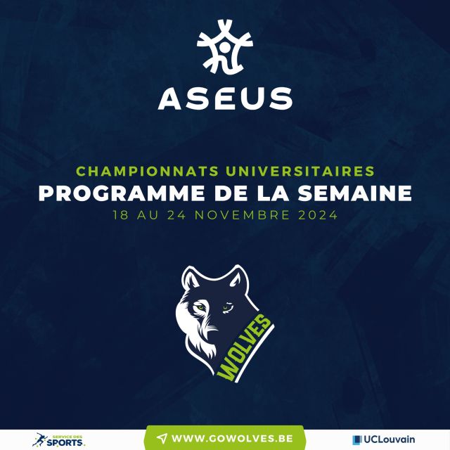 Nouvelle semaine, nouveaux défis pour nos Wolves ! 🐺
Après les belles performances de la semaine dernière et déjà les premières qualifications pour les demi-finales, nos Wolves attaquent une nouvelle série de rencontres avec toujours les mêmes ambitions ! Si tu veux venir supporter tes équipes favorites, c’est le moment idéal avec pas moins de 7 matchs à domicile.
En fin de semaine, on suivra également attentivement les performances de notre équipe de pomdance partie à Séoul pour représenter les Wolves et l'UCLouvain au championnat du monde !
Programme de la semaine :
🗓 Lundi 18/11
🕒 20h00 | Badminton | Wolves 🆚 HELHa | 📍 LLN
🕒 21h15 | Basket dames | Wolves 🆚 UNamur | 📍 LLN
🕒 21h15 | Basket hommes | Wolves 🆚 HELMo Storms | 📍 LLN
🗓 Mardi 19/11
🕒 19h00 | Tennis hommes | Wolves 2 🆚 ULiège 2 | 📍 LLN
🕒 19h30 | Handball dames | Wolves 🆚 ULiège | 📍 LLN
🕒 21h15 | Handball hommes | Wolves 🆚 HELB | 📍 LLN
🕒 22h15 | Futsal hommes | HELB 🆚 Wolves | 📍 Bruxelles
🗓 Mercredi 20/11
🕒 20h45 | Football | Wolves 🆚 ULiège | 📍 LLN
🗓 Vendredi 22/11
🕒 18h30 | Tennis dames | HE Vinci 🆚 Wolves | 📍 Bruxelles
🗓 Du vendredi 22 au dimanche 24/11
Championnat du Monde de Cheerleading | Catégorie Pomdance | 📍 Séoul 🇰🇷
On compte sur vous nombreux pour venir soutenir nos Wolves et les pousser vers la victoire !
Retrouvez l'ensemble des rencontres de nos Wolves sur :
www.facebook.com/uclouvainsports/events
Suivez-nos Wolves au jour le jour sur : 
www.instagram.com/uclouvain_sports 
Découvrez les infos sur nos équipes et notre shop online sur :
www.gowolves.be
#GoWolves